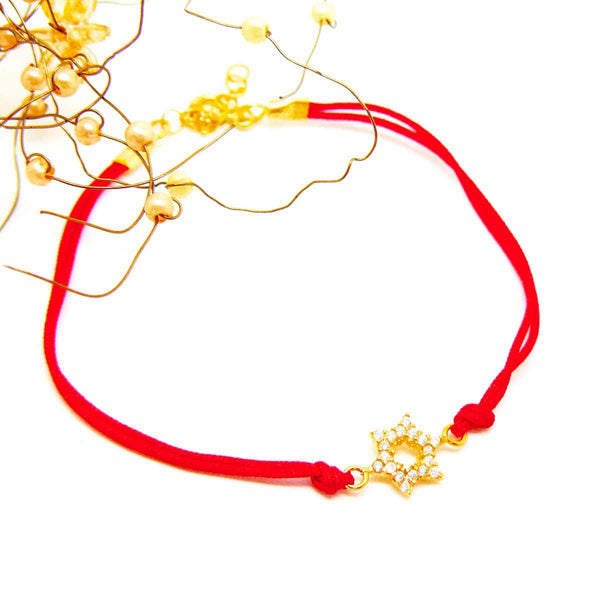 Bracelet Fil Rouge Etoile de David et Petits Cristaux Or-O-Judaisme