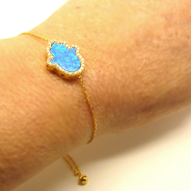 Bracelet Hamsa chaîne plaqué or - opalite Bleue-O-Judaisme
