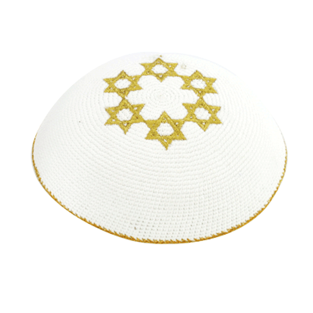 Kippa au crochet blanche - Six Etoiles de David or-O-Judaisme