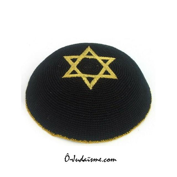 Kippa au crochet - Noire et Etoile de David d'or-O-Judaisme