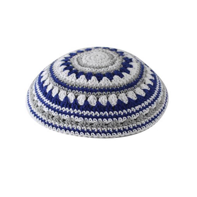 Kippa au crochet - Rayées 3 couleurs (bleu-gris-blanc)-O-Judaisme