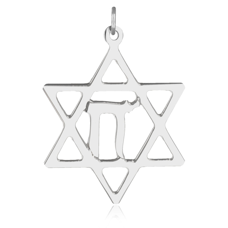 Pendentif Etoile de David avec Haï en Argent Rhodié  L’étoile de David (maguen David ou magen David, littéralement « bouclier de David ») est le symbole du judaïsme. 