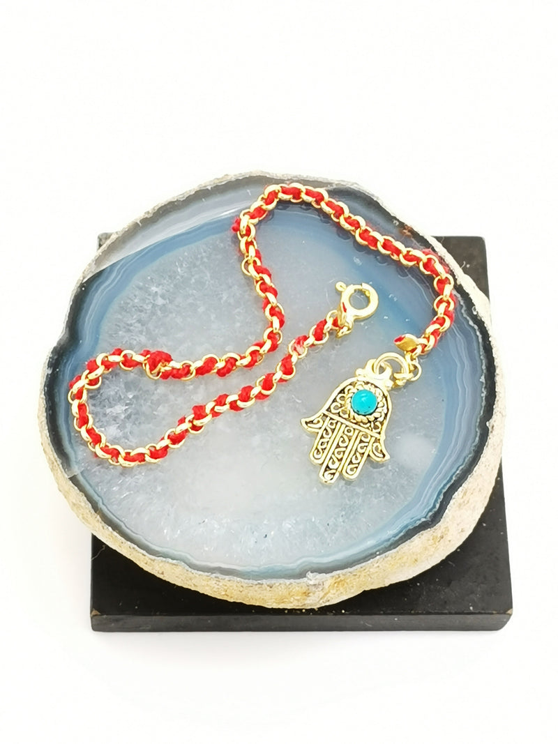 Red and Gold Thread Bracelet - Hamsa and his Stone