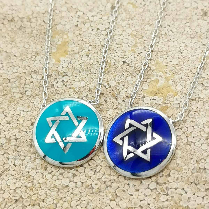 Collier Étoile de David et Émaillé Turquoise ou Bleu d'Israel