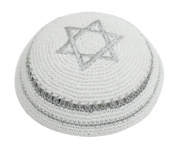 Crochet Kippa - White Openwork and Silver Star of David