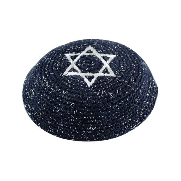 Crochet Kippah - Navy Blue with silver threads and Star of David
