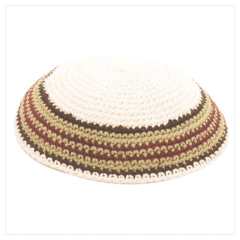 Crochet kippa - Striped 3 colors (black-camel and red)