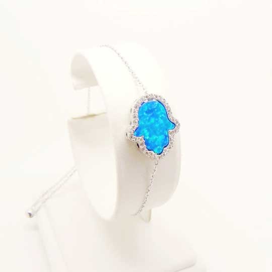 Hamsa bracelet rhodium silver chain - Blue opalite