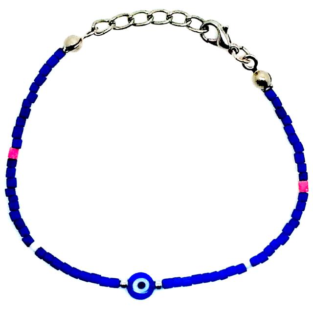 Bracelet aux perles de céramiques bleues (argent)-O-Judaisme