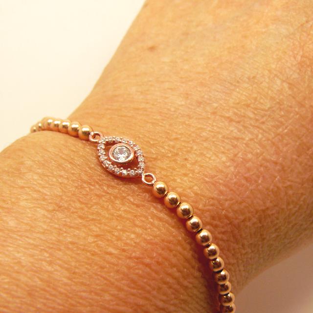 Bracelet aux perles d'or rosé et son Oeil de pierres CZ-O-Judaisme