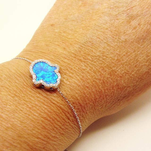 Bracelet Hamsa chaîne argent rhodié - opalite Bleue-O-Judaisme