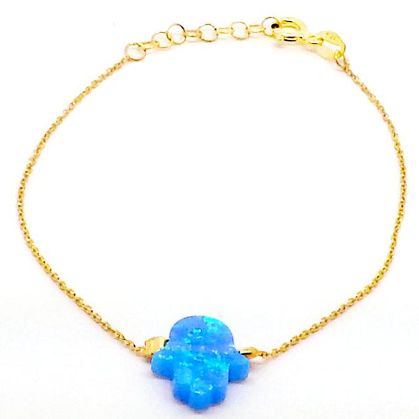 Bracelet Hamsa chaîne plaqué or rhodié - opalite Bleue-O-Judaisme