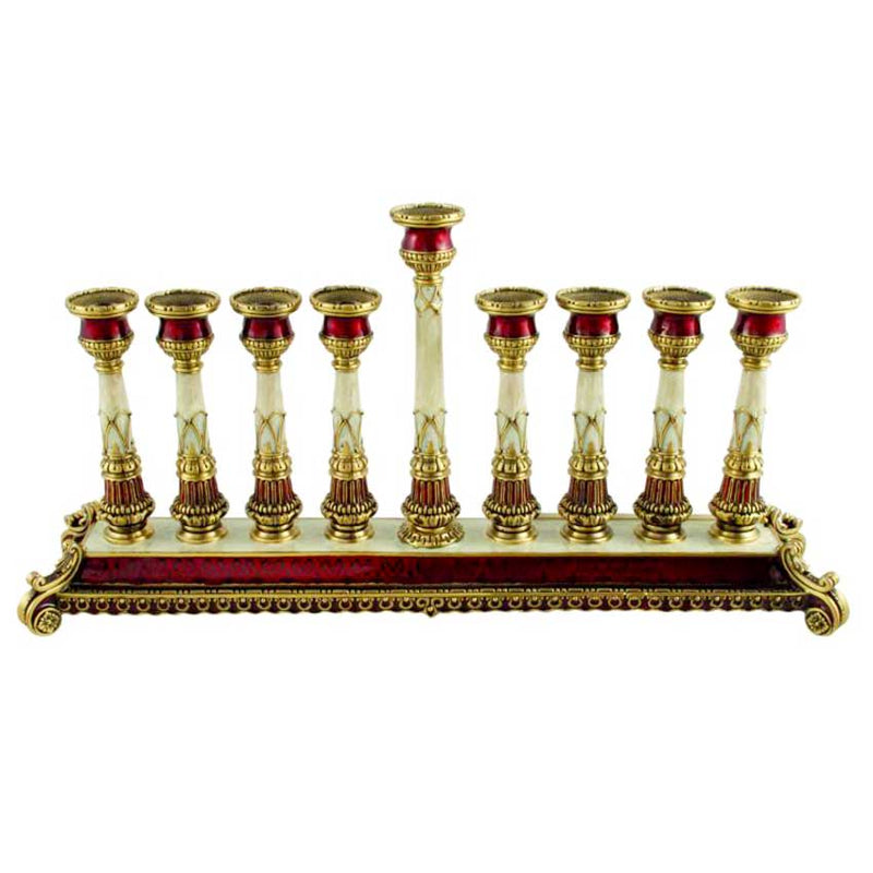 Cette superbe Menorah Hanoukia Impériale à l'allure royale ajoutera de la classe à votre cérémonie d'allumage. Faite d'étain et recouverte d'or, elle est fabriqué et peinte à la main dans de magnifique rouge profond, or et ivoire. 