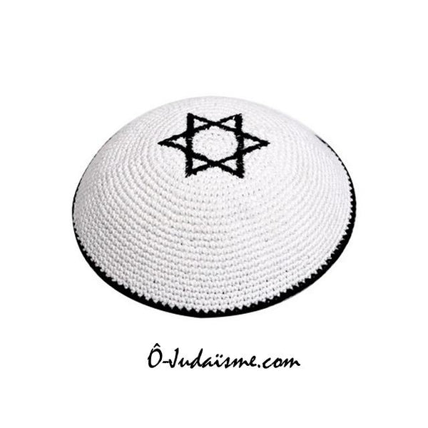 Kippa au crochet - Blanche et Etoile de David bleue-O-Judaisme