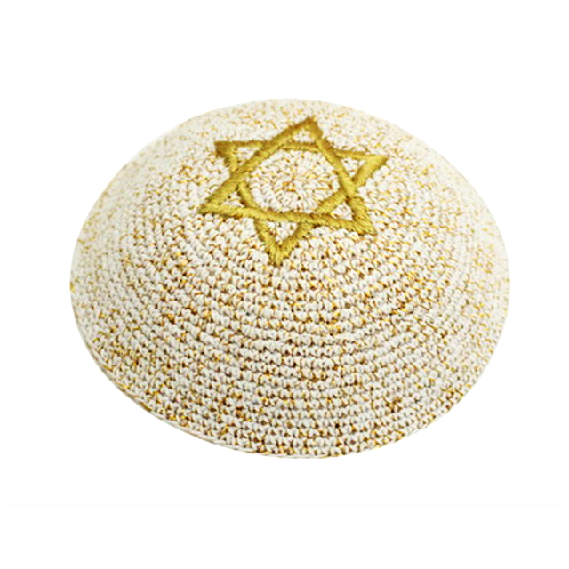 Kippa au crochet - Blanche fils or et Etoile de David-O-Judaisme