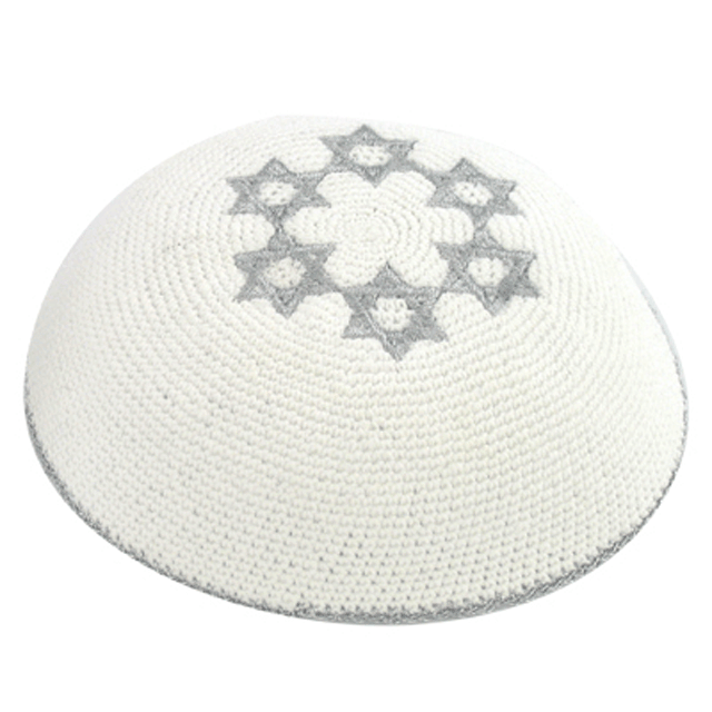 Kippa au crochet blanche - Six Etoiles de David argent-O-Judaisme