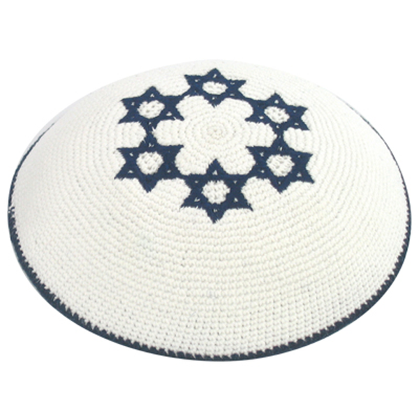 Kippa au crochet blanche - Six Etoiles de David bleues-O-Judaisme