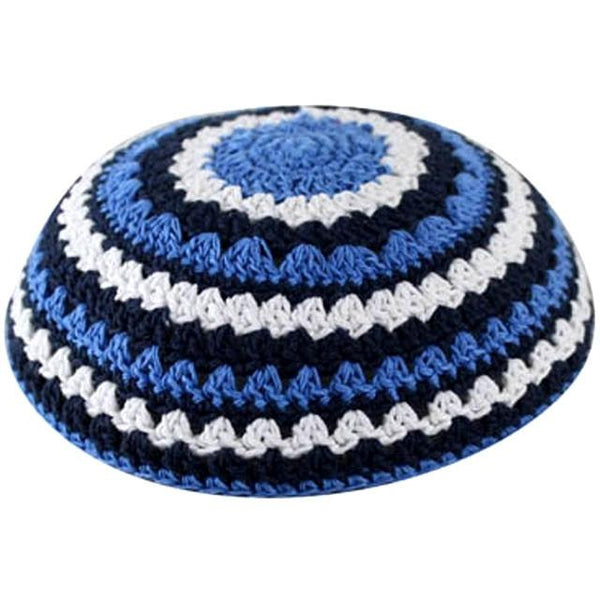 Kippa au crochet - Rayées 3 couleurs (bleu-blanc-marine)-O-Judaisme