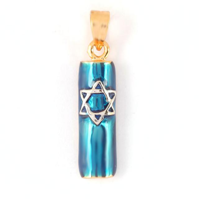 Pendentif Mezouza Etoile de David - Or et bleu-O-Judaisme